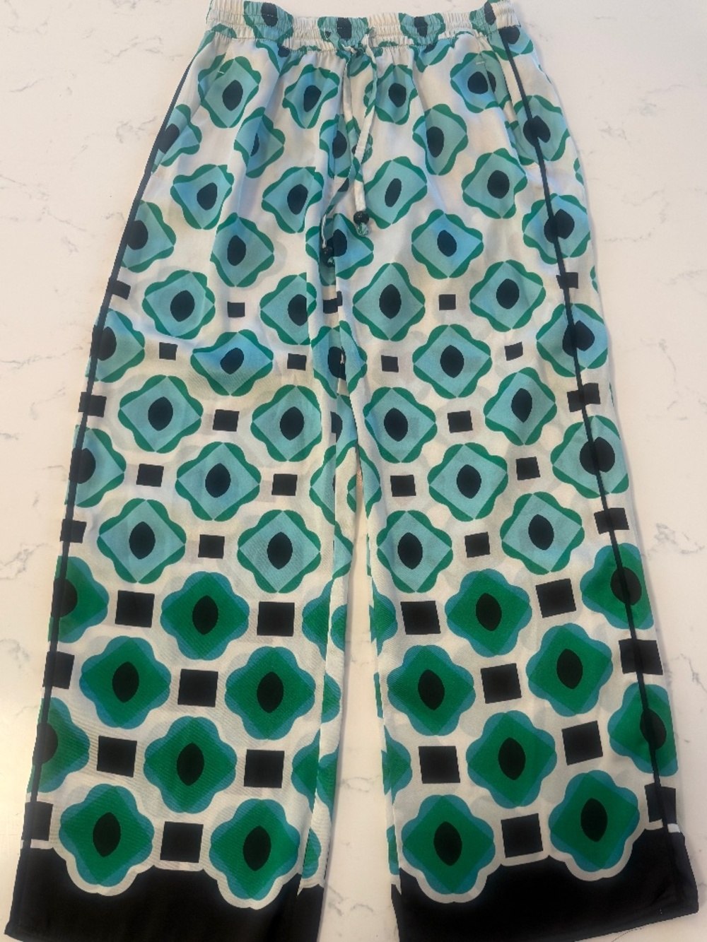 Zara Geometric Satin Wide Leg Pants Pajama Style Blue/Green Medium pockets